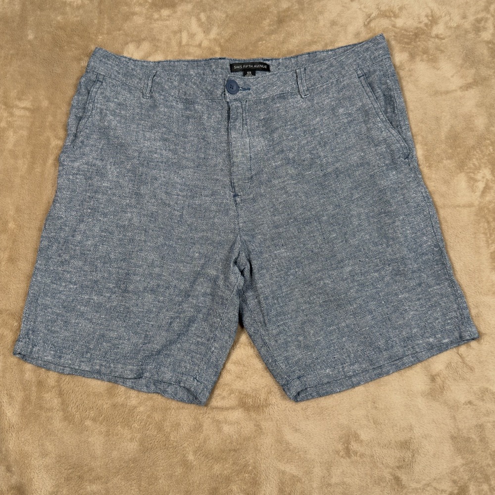 Saks Fifth Avenue Shorts Mens 34 Blue Linen Chambray Chino Flat Front Summer